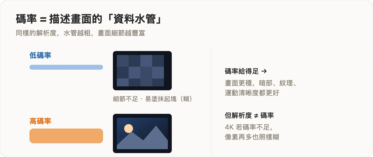 碼率與畫質：資料「水管」的粗細決定細節多少
